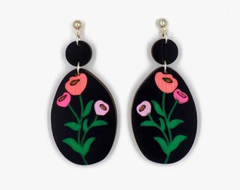 Floral Drop Earrings, Wooden jewelry, Hypoallergenic Post Earrings