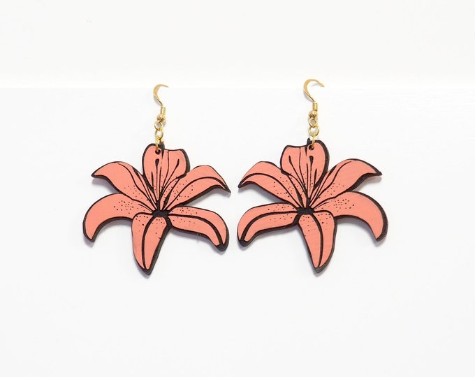 Lily Flower Drop Earrings, Pink Flowers Earrings, Flowers Jewelry, Wooden Jewelry, Handmade Earrings, Pink Earrings