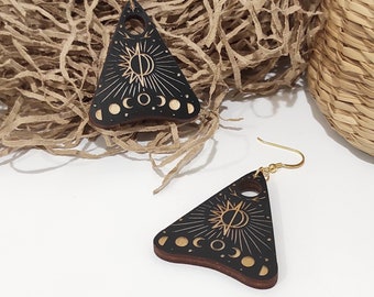 Ouija Drop Earrings, Ouija Planchette, Wood Earrings, Spirit Board, Planchette Dangle Earrings, Ouija Board, Wooden Witch Earrings, BK81