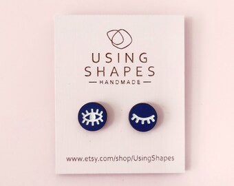 Eye Stud Earrings, Eye Jewellery, Dark Blue and White Stud Earrings, Round Studs, Wooden Studs, Eye Earrings, Eco friendly, SNB01B