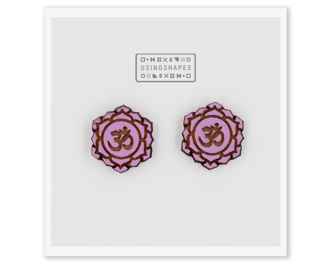 Purple Om Symbol Earrings, Om Wooden Studs, Chakra Earrings, Yoga Jewelry, Meditation Earrings,Yoga Lovers Gift, Ethnic, Eco friendly