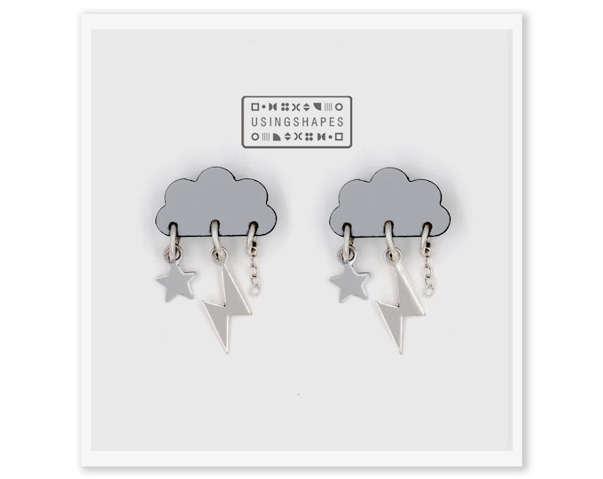 Little Cloud With Lightning Bolt and Star Stud Earrings, Cloud and Thunderbolt Studs, Gray Cloud Stud Earrings, Eco friendly