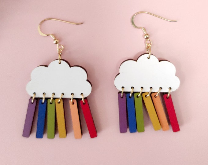 Cloud and Rainbow Drops Dangle Earrings, Colorful Cloud Drop Earrings, LGBT Earrings, Pride Earrings, Wooden Earrings, Eco friendly, WH04