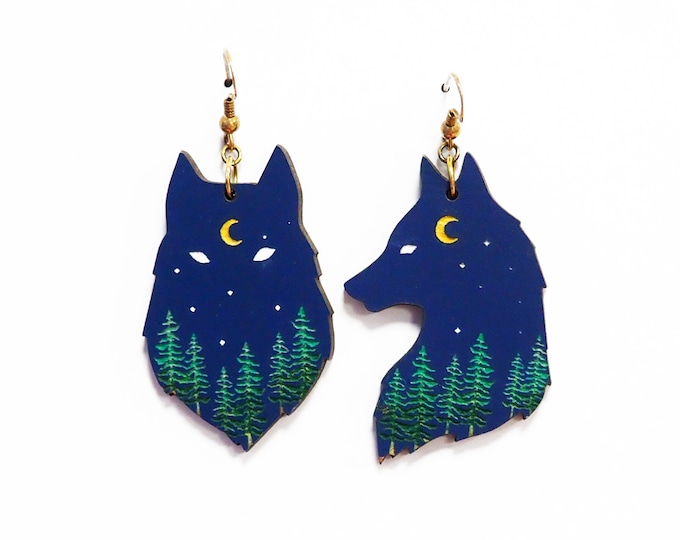 Wolf with Moon Earrings , Animal Drop earrings, Wooden Jewelry, Forest Earrings, NBL03