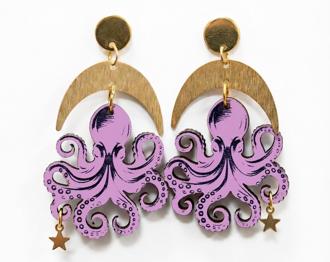 Octopus and Moon Earrings, Sea Life Dangle Earrings