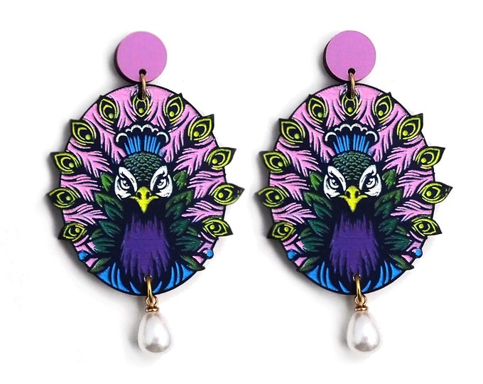 Peacock Earrings: Colorful Wooden Bird Dangles