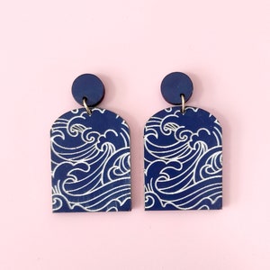 Japanese Drawing Waves, Dangle Earrings, Modern Earrings, Statement Earrings, Elegant Earrings, Gift For Her, Wooden Earrings, NB02