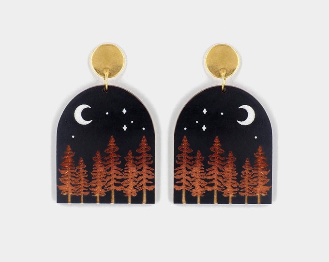 Forest Landscape Drop Earrings, Christmas Earrings, Drop earrings, Forest Jewelry, Night Sky, Nature Earrings, Night Forest Landscape, BK146