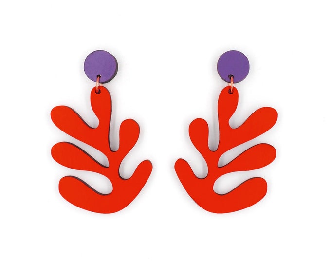 Henri Matisse Inspired Wooden Drop Earrings, Purple and Red Earrings, Art Inspired Jewelry, Eco friendly