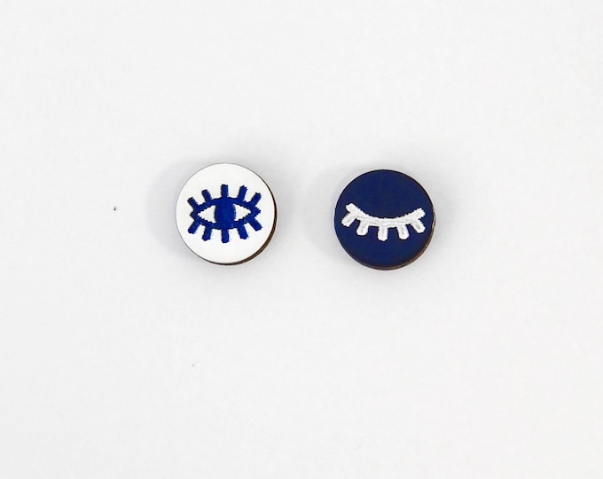 Eyes Stud Earrings, Eyes Jewellery, Blue and White Stud Earrings, Round Studs, Wooden Studs, Eyes Earrings, Eco friendly