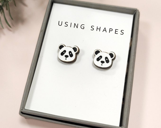 Panda Head Stud Earrings: Hand-Painted Birch Wood, Hypoallergenic