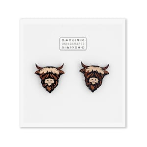 Highland Cow Stud Earrings, Wooden Jewelry Animal Jewelry