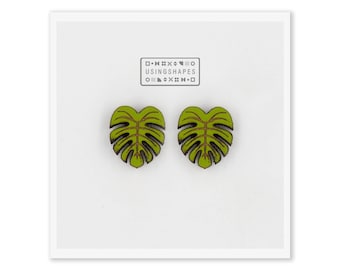 Monstera Leaf Stud Earrings, Wooden jewelry, Tropical Plant