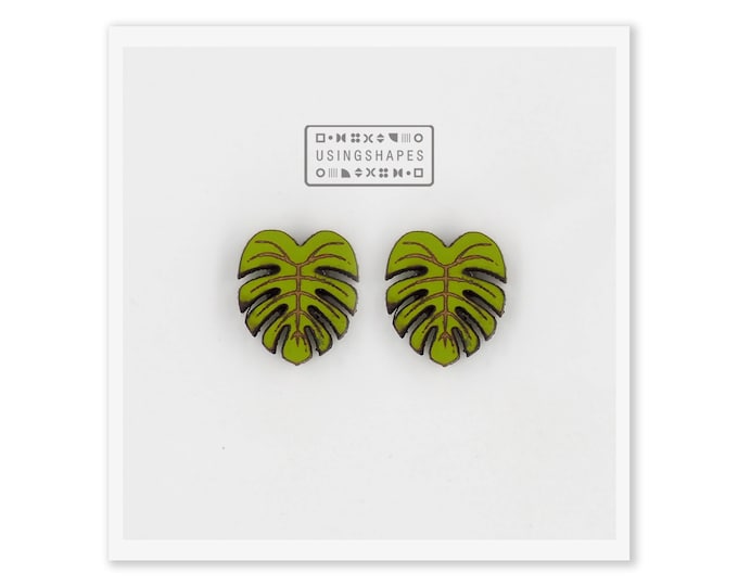 Monstera Leaf Stud Earrings, Wooden jewelry, Tropical Plant