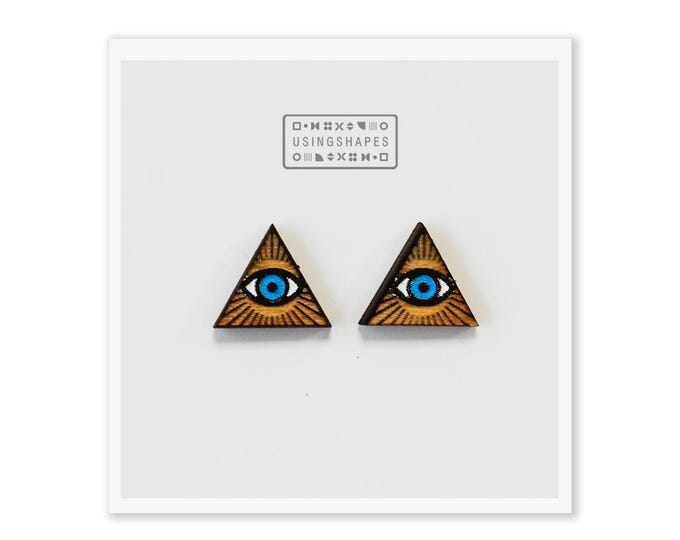 All Seeing Eye Stud Earrings Wooden Mystical Jewelry