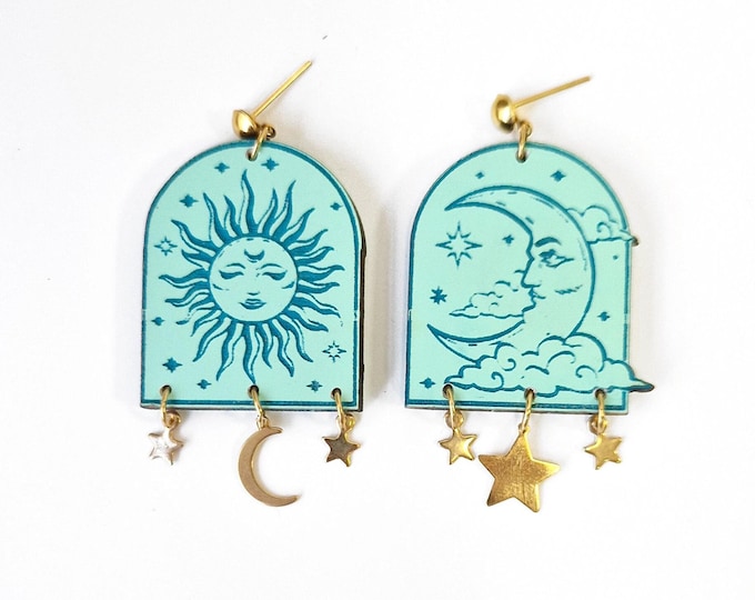 Sun and Moon Dangle Earrings, Sun Earrings, Moon & Stars Earrings, Mystical Earrings, Mint Earrings, Turquoise Earrings, Light Earrings
