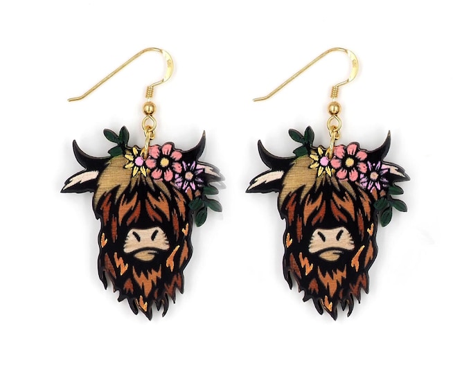 Highland Cow Earrings, Highland Cow drop Earrings, Cute Animal Studs, Post Earrings, Animal Jewellery, Gift for Her, Eco friendly, BK164