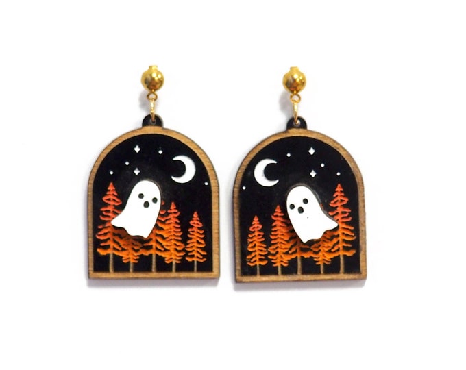 Ghost in Forest Dangle Earrings, White Ghost in the Forest, Halloween Earrings, Wooden Ghost Earrings, Gift for Her, Funny Earrings