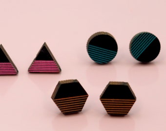 Conjunto de 3 pendientes de formas geométricas, redondos, triangulares, polígonos, pendientes de botón, joyería geométrica, pendientes hipoalergénicos, S BK 7
