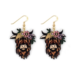 Hand Painted Highland Cow Earrings: Wooden Animal Jewelry