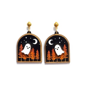 Ghost in Forest Dangle Earrings: Laser-Cut Birch Halloween Jewelry