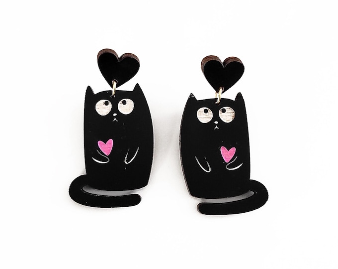 Black Cat with heart Dangle Earrings, Hand painted Wooden Jewelry, Black Cat Drop Earrings, Cute Cat stud Earrings