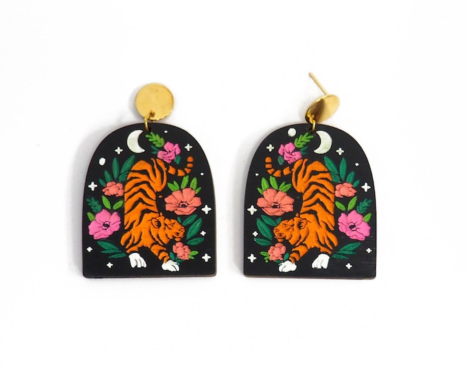 Tiger Drop Earrings – Wild Animal Jewelry, Floral Boho Earrings, Tropical Statement, Eco-Friendly Gift for Her, Handcrafted Wood
