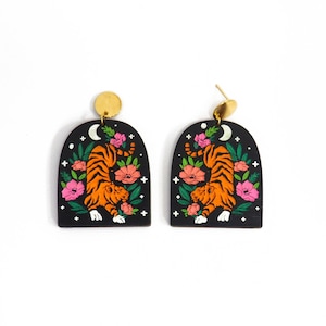 Hand Painted Tiger Drop Earrings: Boho Floral Wood Earrings