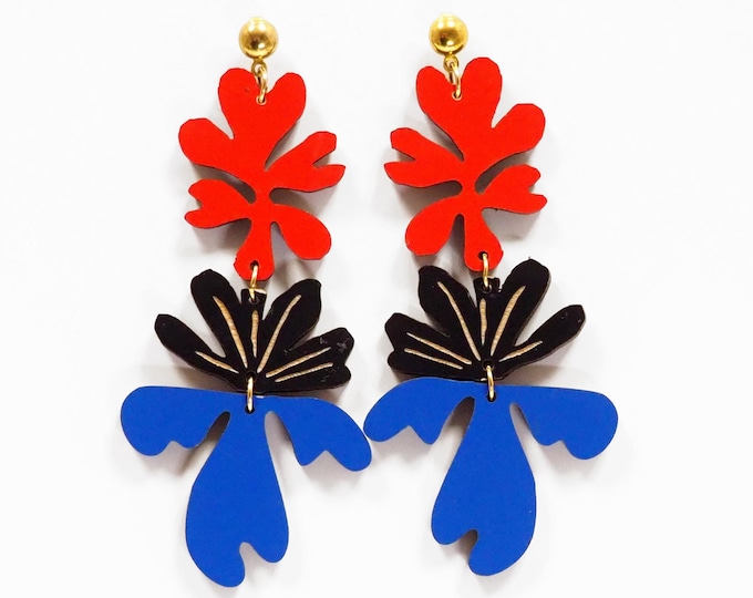 Colorful Statement Earrings, Modern Abstract Dangle Earrings, Red Blue Black, Bold Artistic