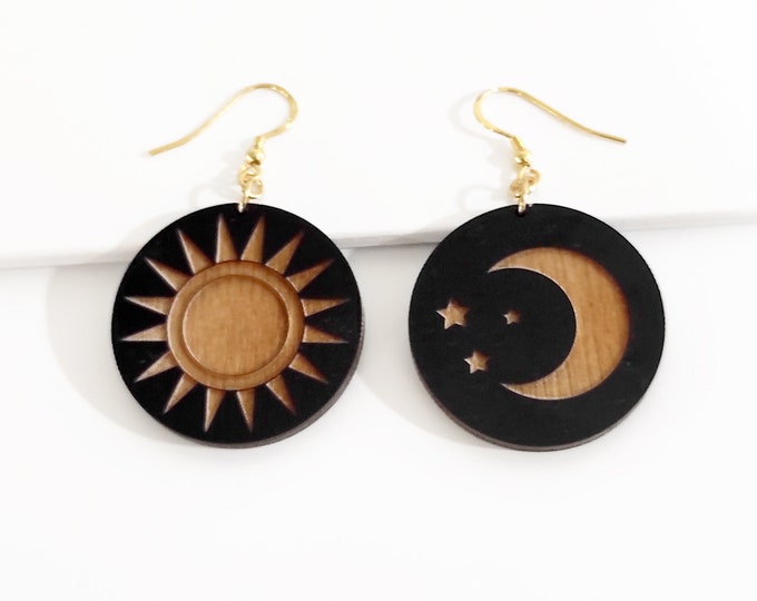 Sun and Moon Wooden Earrings: Sterling Silver Hooks