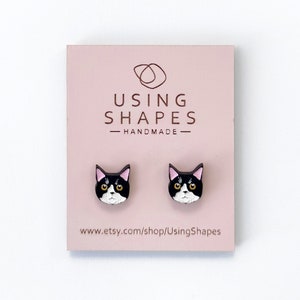 Tuxedo Cat Stud Earrings, Hand painted Wooden Jewelry, Tuxedo Earrings, Cute Cat Stud Earrings, Eco friendly, SBK31