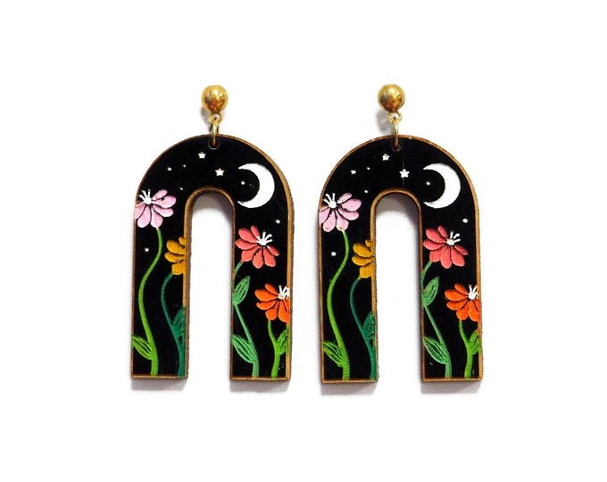Flowers and Moon Earrings, Flowers and Moon Jewelry,Floral Drop Earrings, Boho Jewelry, Colorful Earrings, Flowers and Moon, Gift for Her
