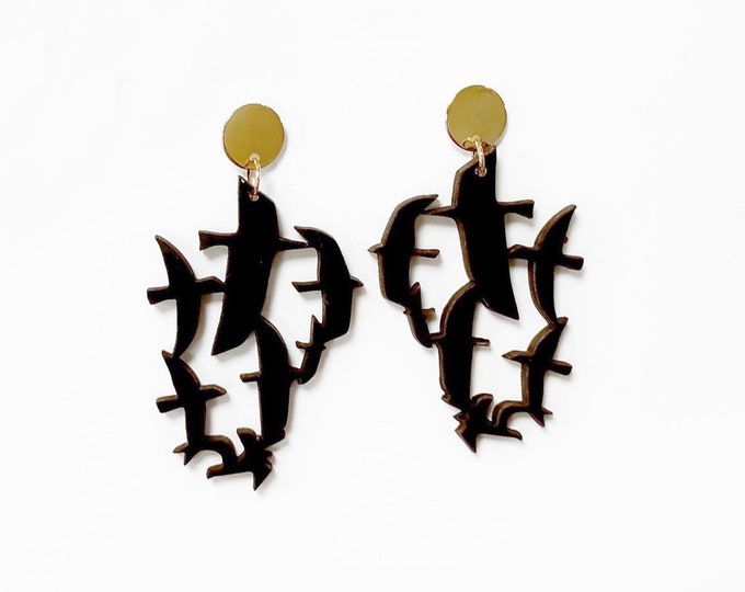Black Birds Wooden Drop Earrings, Black Earrings, Art Jewllery, Flock of Black Birds, Art Earrings, Birds Silhouette Earrings,BK 147
