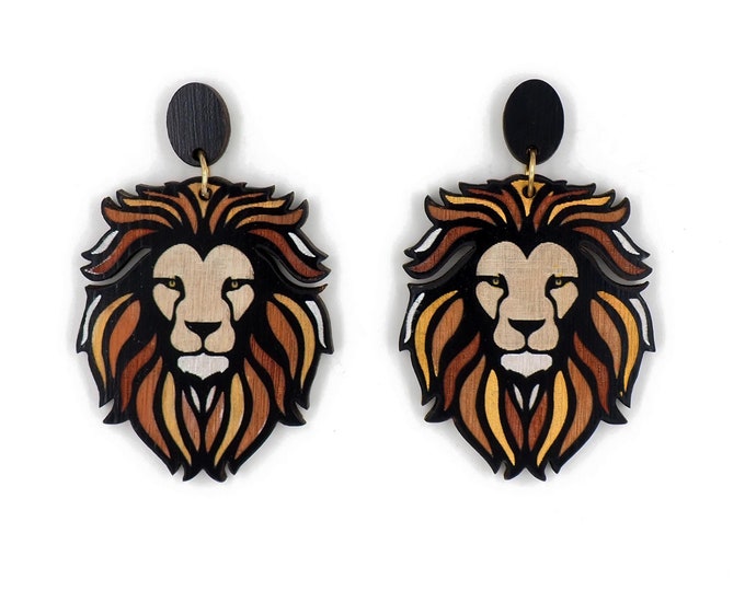 Lion Drop Earrings, Lion Earrings, Lion statement earrings, Gift for Her, Lion Wooden Earrings, Zodiac Earrings, Eco Friendly Earrings BK94C