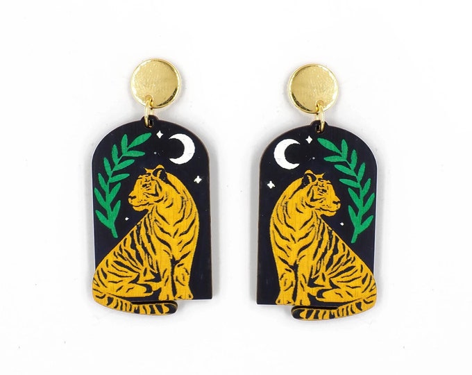 Tiger in the Jungle at Night Drop Earrings, Yellow Tiger Earrings, Tropical Earrings, Boho Earrings