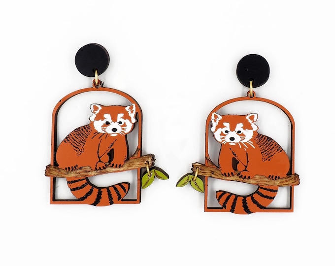 Red Panda Drop Earrings, Red Panda Earrings, Red Panda Wooden Earrings, Colorful Earings, Unique Earrings, Eco friendly CL01