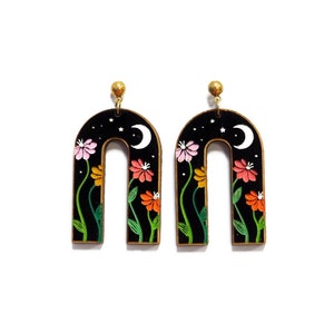Flowers and Moon Earrings, Flowers and Moon Jewelry,Floral Drop Earrings, Boho Jewelry, Colorful Earrings, Flowers and Moon, Gift for Her