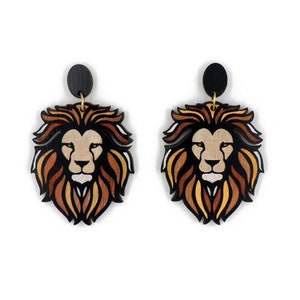 Hand Painted Lion Earrings: Wooden Zodiac Statement Jewelry