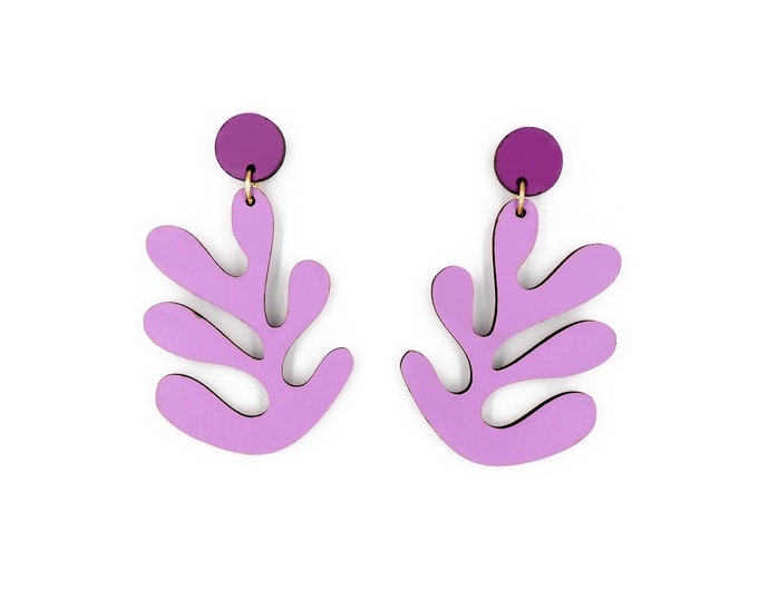Purple Matisse Inspired Wooden Drop Earrings, Purple Earrings, Art Inspired Jewelry, Eco friendly