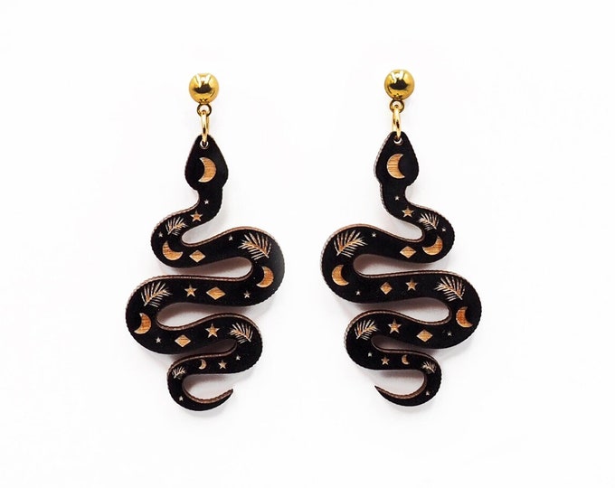 Black Snake Drop Earrings, Snake Earrings, Wood Jewelry, Lightweight Earrings, Tropical Dangle Earrings, Boho Earrings, Eco friendly