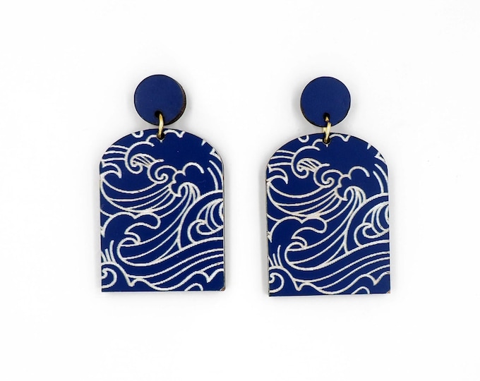 Japanese Drawing Waves, Dangle Earrings, Modern Earrings, Statement Earrings, Elegant Earrings, Gift For Her, Wooden Earrings, NB02