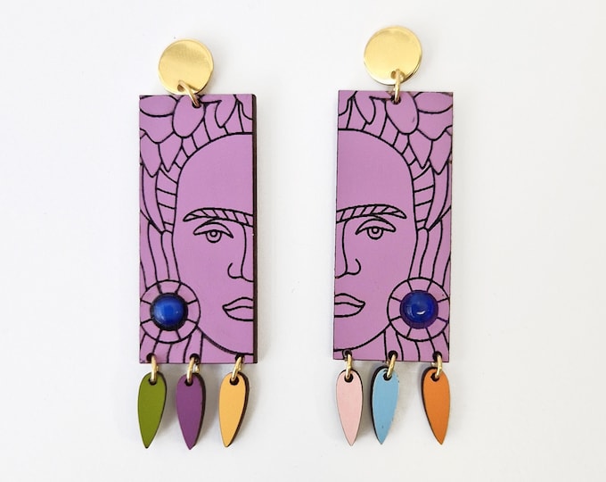 Frida Kahlo Earrings, Frida Dangle Earrings, Art Earrings, Purple Drop Earrings, Art Lovers Drop Earrings, Eco Friendly, PU01