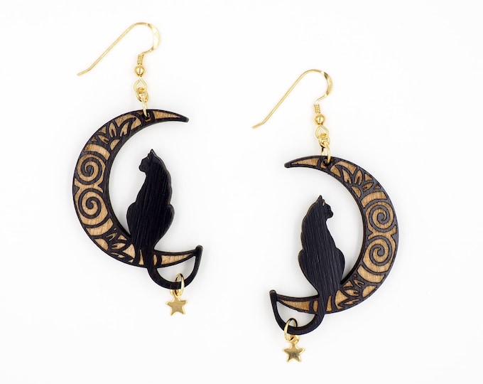 Cat on the moon with golden star Drop earrings, Black Cat Dangle Earrings, Cat Earrings, Wooden Earrings, BK106