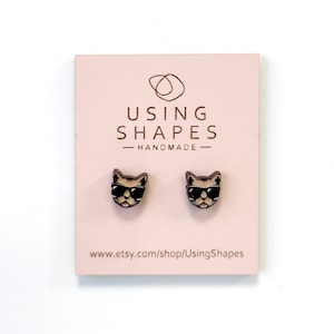 Funny Cat with Sunglasses Earrings, Cat with Sunglasses, Hand Painted Wooden Jewelry, Cat Earrings, Cat Stud Earrings, Eco friendly, SBK61