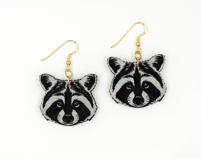 Raccoon Head Drop Earrings, Dangle Earrings, Raccoon Accessories, Wild Animal, Woodland Creature, Raccoon Gift Idea, Eco friendly, GRE06