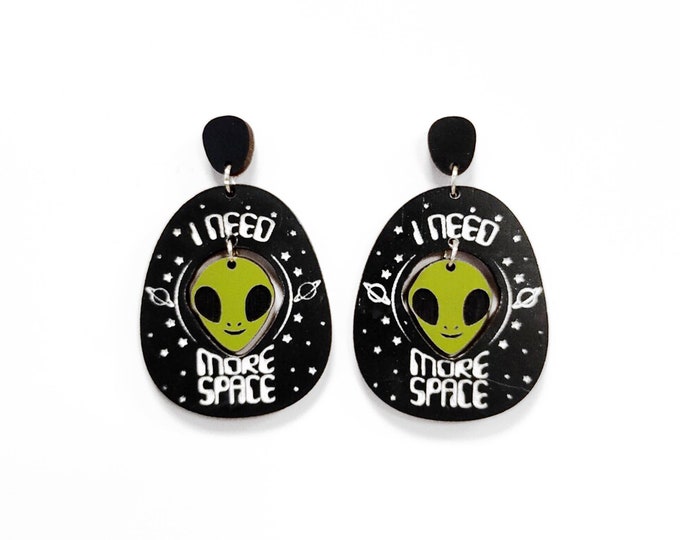 UFO Dangle Earrings, ''I Need More Space'' Drop Earrings, UFO Earrings, Funny Earrings, Alien Earrings, Wooden Earrings, BK138