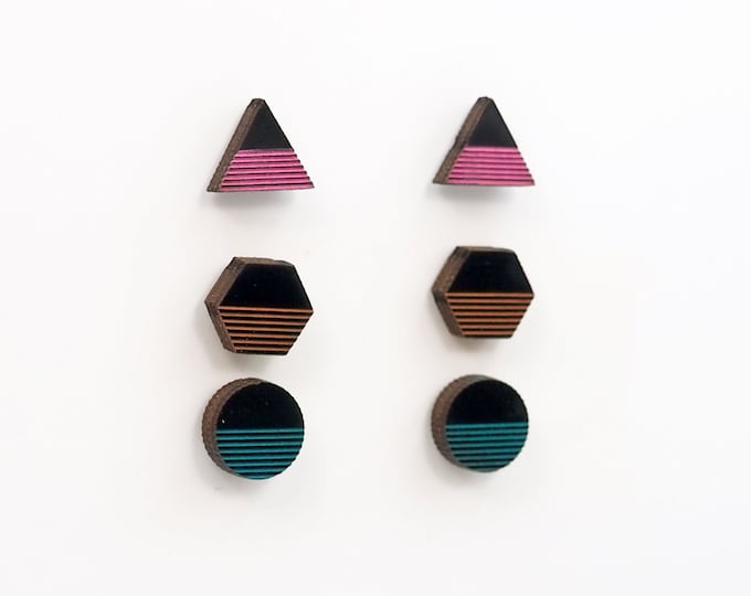 Set of 3 Geometric Shapes Earrings, Round Studs, Triangle Studs, Polygon Studs, Stud Earrings, Geometric Jewelry, Hypoallergenic Earrings