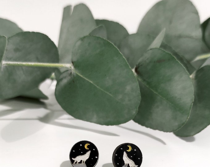Wolf and Moon Stud Earrings, Hypoallergenic, Wooden post earrings