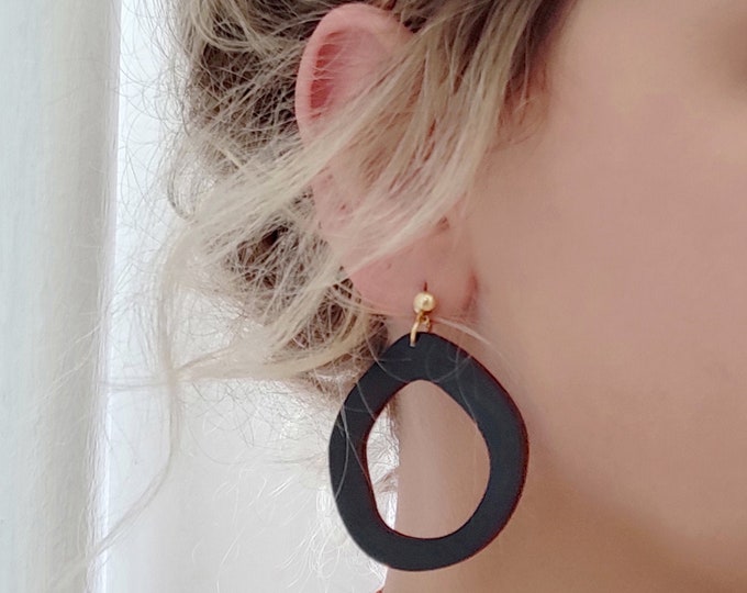 Black Circle Wooden Drop Earrings, Stud Drop Earrings, Elegant Earrings, Gift For Her, Organic Shape Earrings, Eco friendly