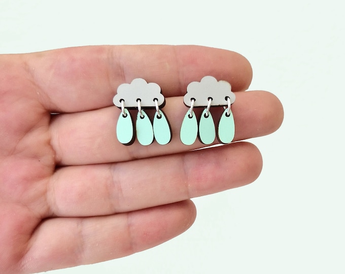 Grey Cloud with Drops Stud Earrings, Cloud and Drops Studs, Gray Cloud Stud Earrings, Eco friendly
